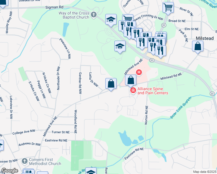 map of restaurants, bars, coffee shops, grocery stores, and more near 60 Old Milstead Road in Conyers