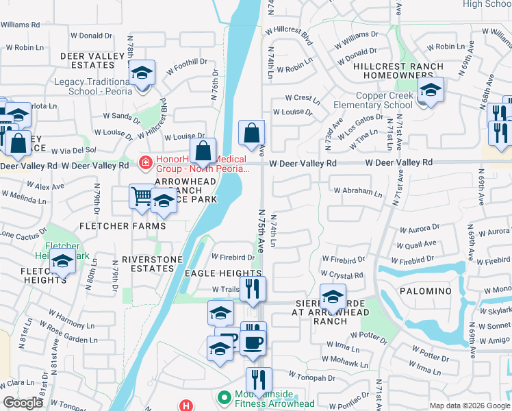 map of restaurants, bars, coffee shops, grocery stores, and more near 21448 North 75th Avenue in Glendale