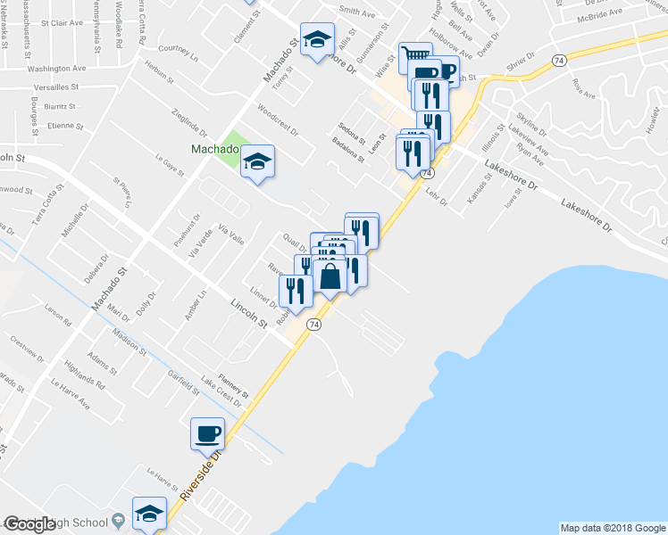 map of restaurants, bars, coffee shops, grocery stores, and more near 31681 Riverside Drive in Lake Elsinore