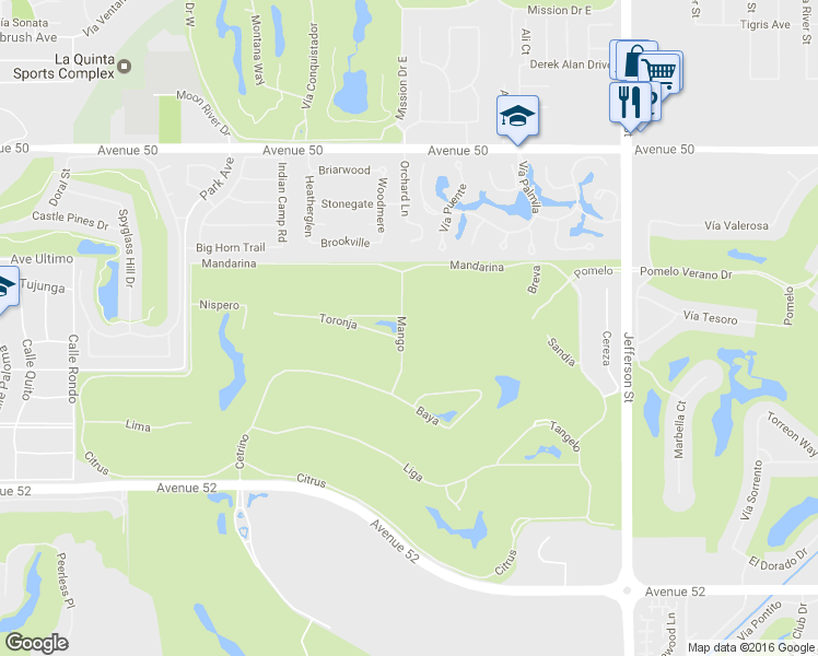 map of restaurants, bars, coffee shops, grocery stores, and more near 50940 Mango in La Quinta