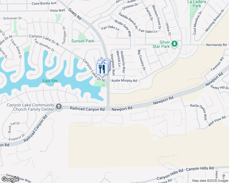 map of restaurants, bars, coffee shops, grocery stores, and more near 24377 Comanche Creek Drive in Menifee
