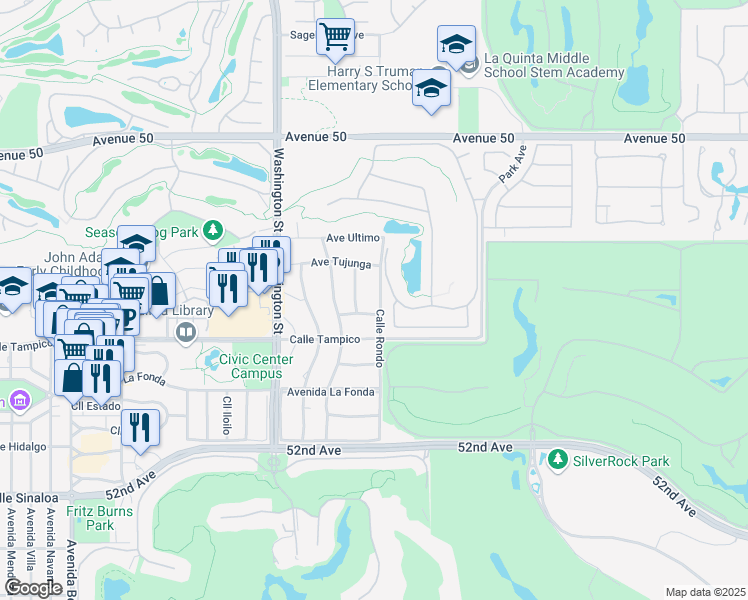 map of restaurants, bars, coffee shops, grocery stores, and more near 50825 Calle Rondo in La Quinta