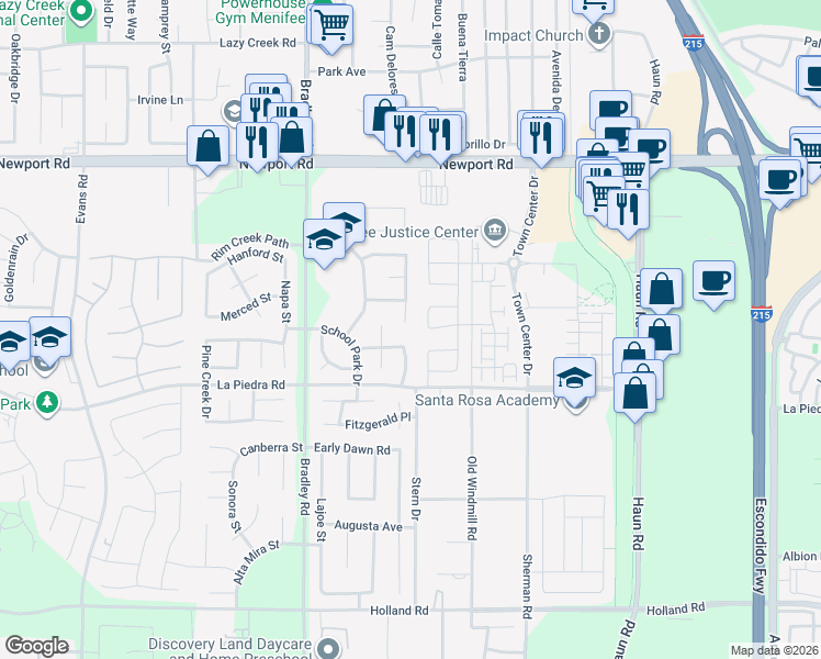 map of restaurants, bars, coffee shops, grocery stores, and more near 30364 Twain Drive in Menifee