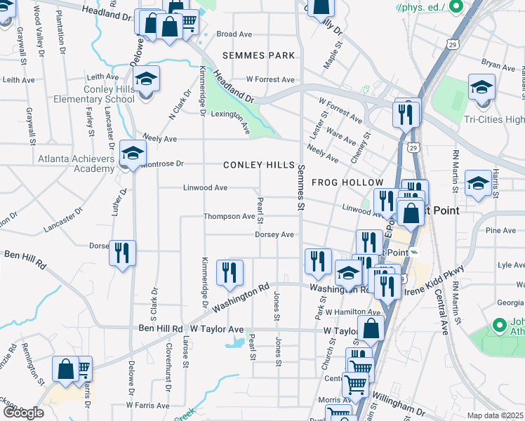 map of restaurants, bars, coffee shops, grocery stores, and more near 1873 Thompson Avenue in East Point