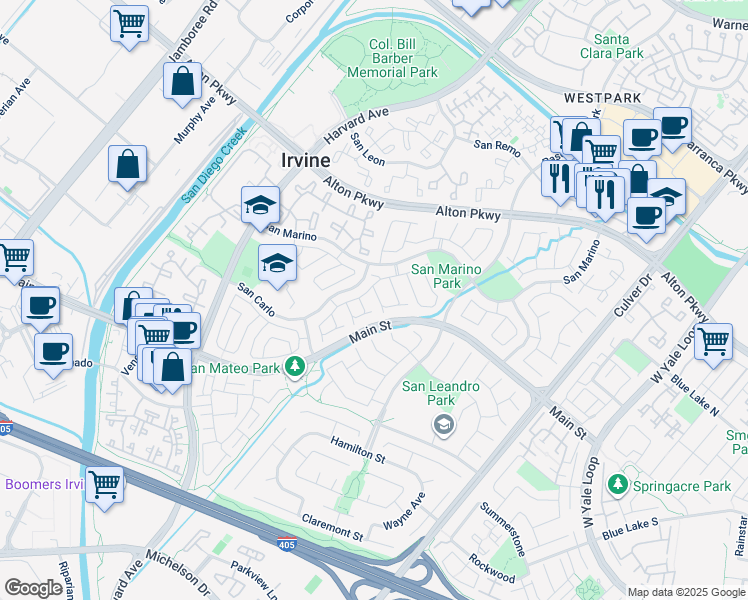 map of restaurants, bars, coffee shops, grocery stores, and more near 11 Las Cruces in Irvine