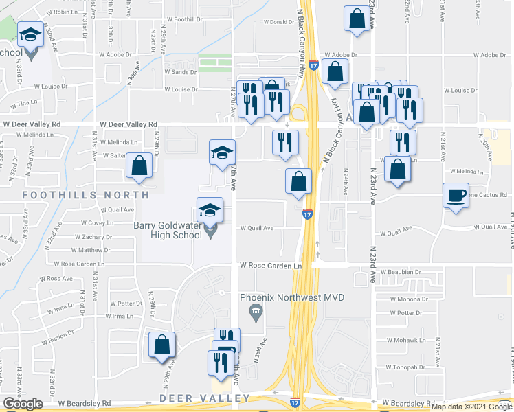 map of restaurants, bars, coffee shops, grocery stores, and more near 2639 West Lone Cactus Drive in Phoenix