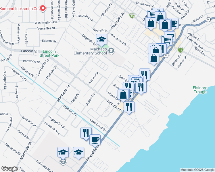 map of restaurants, bars, coffee shops, grocery stores, and more near 815 Quail Drive in Lake Elsinore