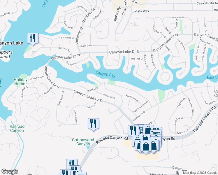 map of restaurants, bars, coffee shops, grocery stores, and more near 22960 Blue Bird Drive in Canyon Lake