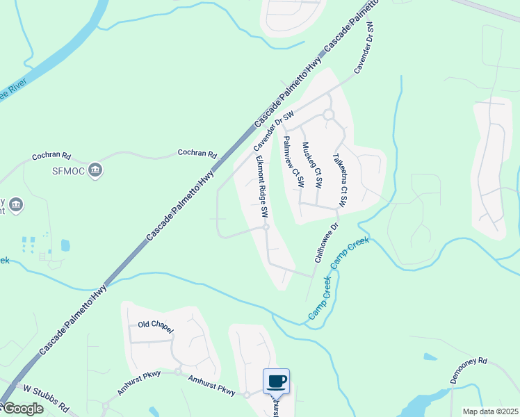 map of restaurants, bars, coffee shops, grocery stores, and more near 2754 Elkmont Ridge Southwest in Atlanta