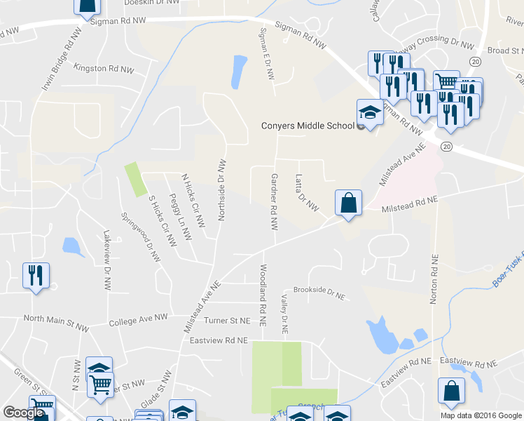 map of restaurants, bars, coffee shops, grocery stores, and more near 1362 Gardner Road Northwest in Conyers