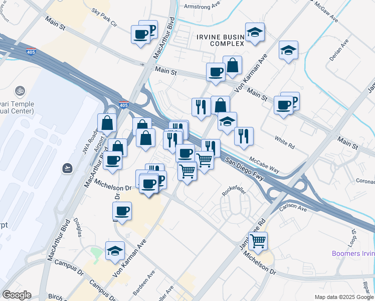 map of restaurants, bars, coffee shops, grocery stores, and more near 18007 Von Karman Avenue in Irvine