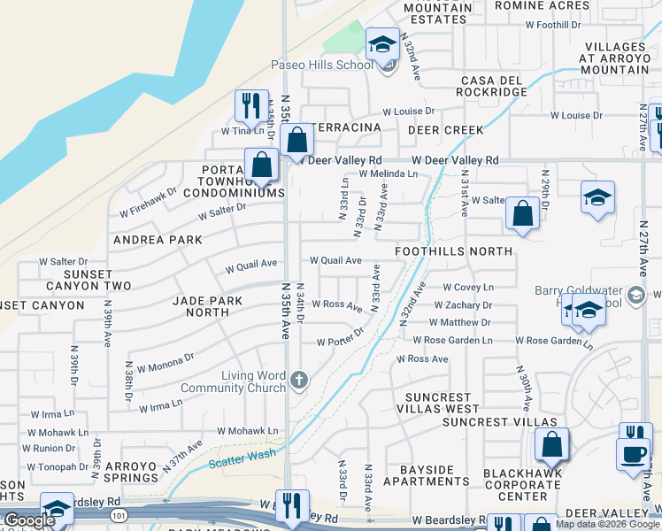 map of restaurants, bars, coffee shops, grocery stores, and more near 3345 West Quail Avenue in Phoenix