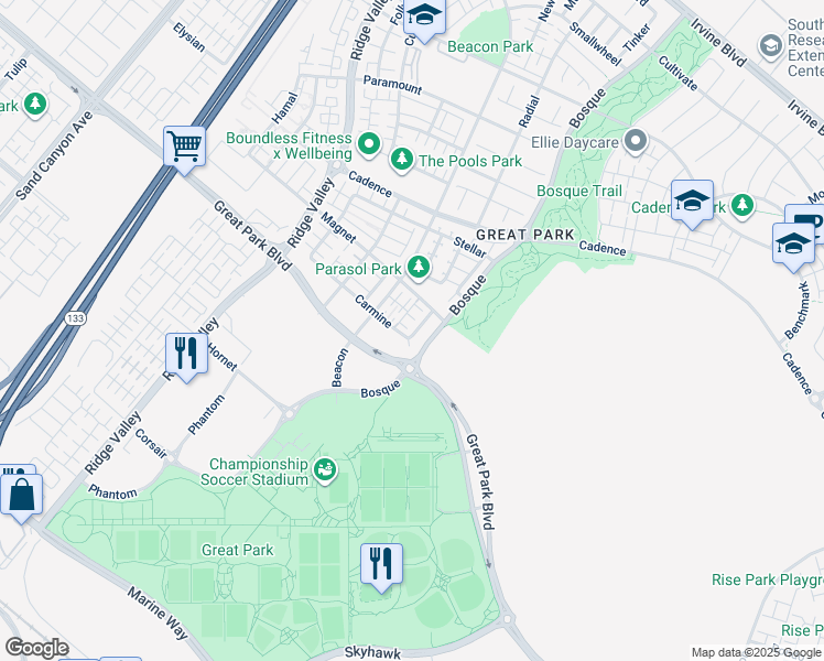map of restaurants, bars, coffee shops, grocery stores, and more near 197 Carmine in Irvine