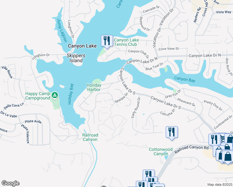 map of restaurants, bars, coffee shops, grocery stores, and more near 22411 Pin Tail Drive in Canyon Lake