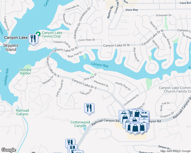 map of restaurants, bars, coffee shops, grocery stores, and more near 22755 Gray Fox Drive in Canyon Lake