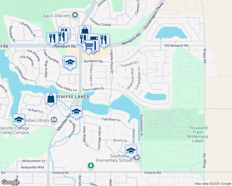 map of restaurants, bars, coffee shops, grocery stores, and more near 30416 Tres Lagos Drive in Menifee