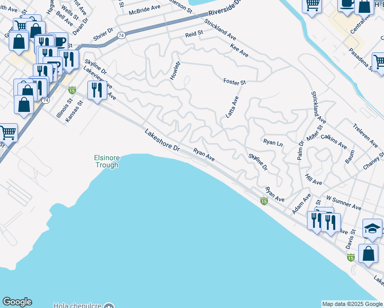 map of restaurants, bars, coffee shops, grocery stores, and more near 17289-17525 Lakeshore Dr in Lake Elsinore