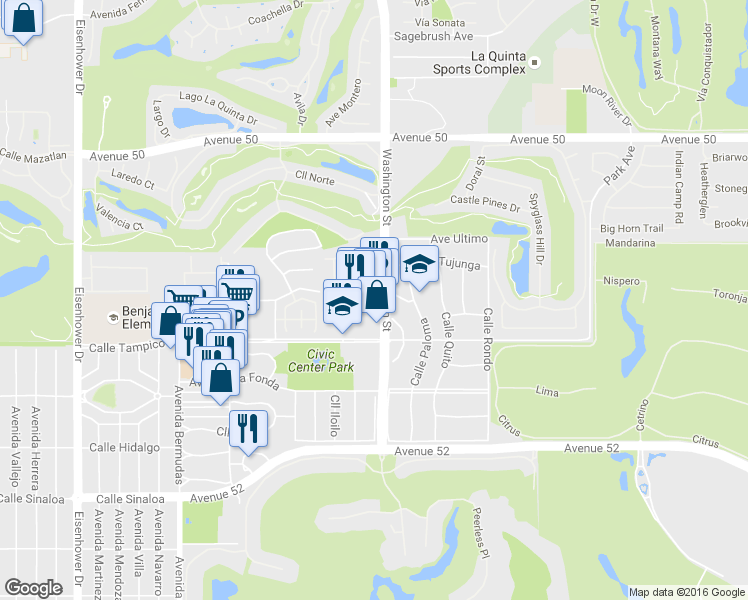 map of restaurants, bars, coffee shops, grocery stores, and more near 50921 Washington St in La Quinta