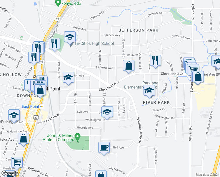 map of restaurants, bars, coffee shops, grocery stores, and more near 1270 East Cleveland Avenue in East Point