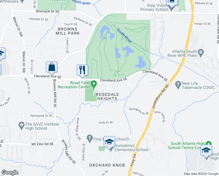 map of restaurants, bars, coffee shops, grocery stores, and more near 445 Cleveland Avenue Southeast in Atlanta