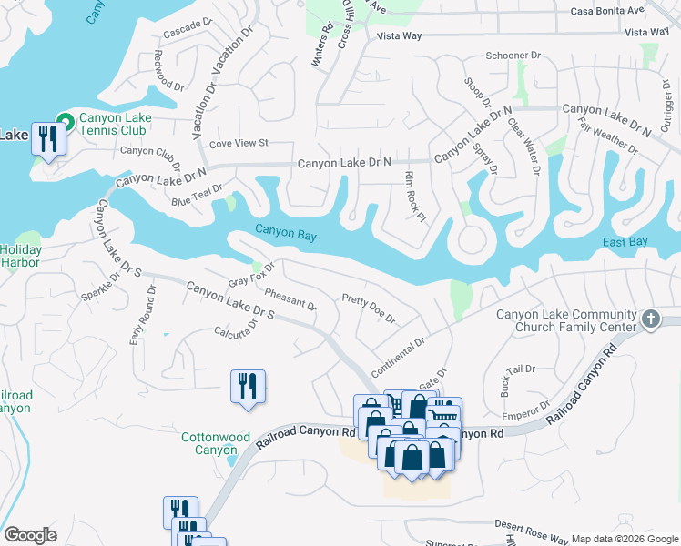 map of restaurants, bars, coffee shops, grocery stores, and more near 22993 Gray Fox Drive in Canyon Lake