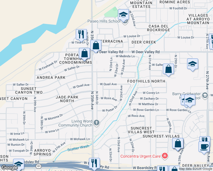 map of restaurants, bars, coffee shops, grocery stores, and more near 3345 West Quail Avenue in Phoenix