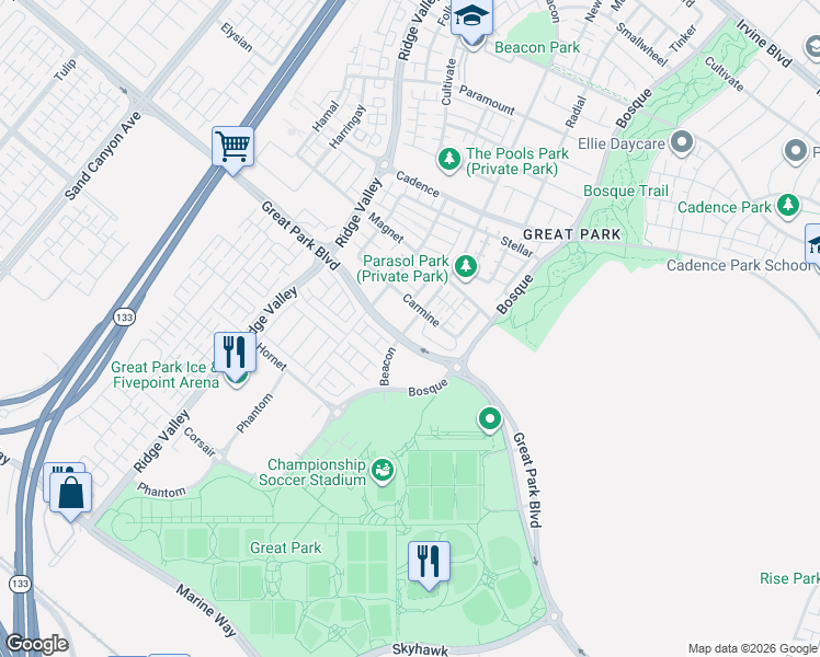 map of restaurants, bars, coffee shops, grocery stores, and more near 7314 Cadence in Irvine