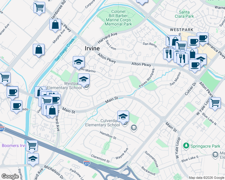 map of restaurants, bars, coffee shops, grocery stores, and more near 11 Las Cruces in Irvine