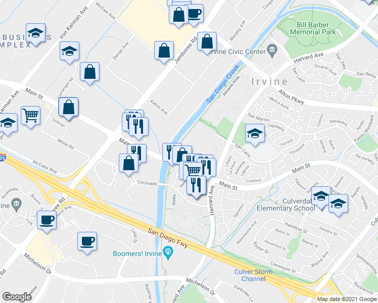 map of restaurants, bars, coffee shops, grocery stores, and more near 2485 McCabe Way in Irvine