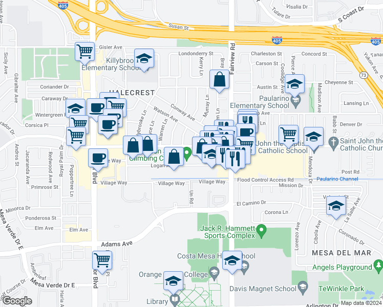 map of restaurants, bars, coffee shops, grocery stores, and more near 1240 Logan Avenue in Costa Mesa