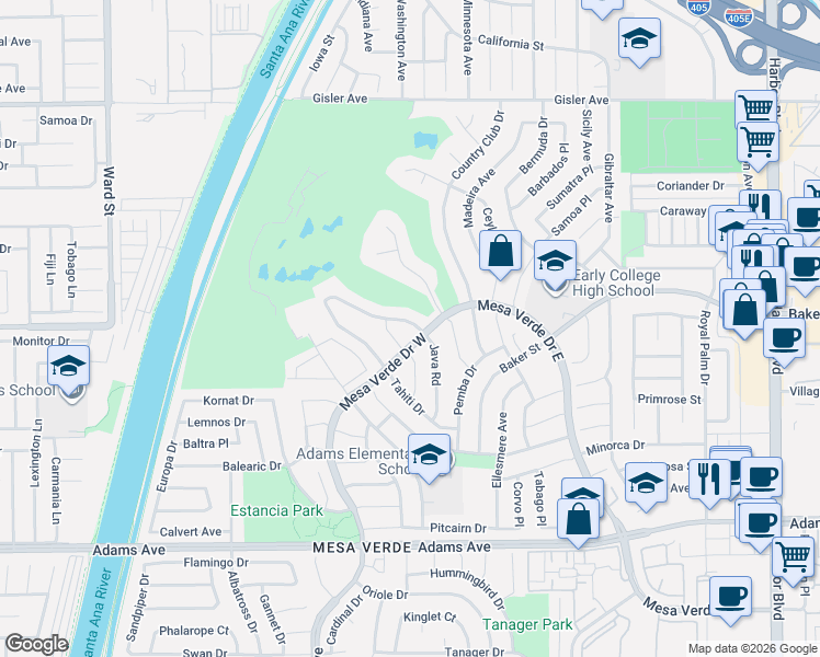 map of restaurants, bars, coffee shops, grocery stores, and more near 3002 Java Road in Costa Mesa