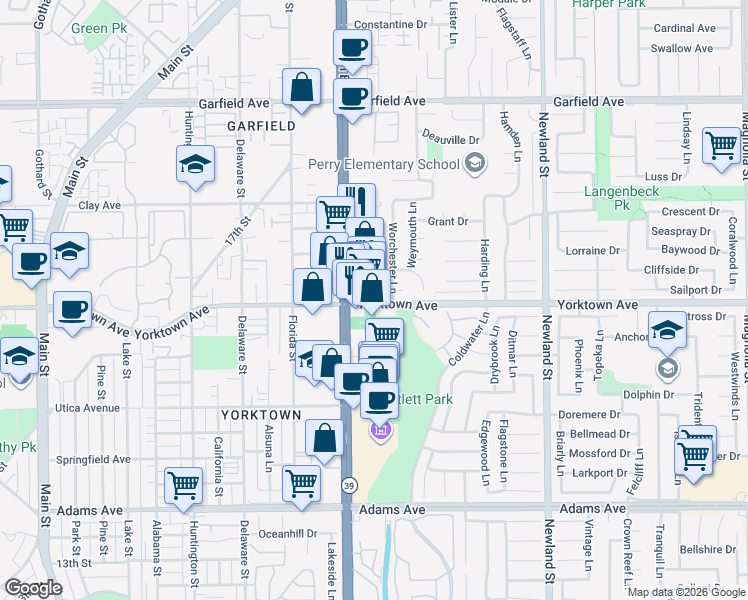 map of restaurants, bars, coffee shops, grocery stores, and more near 8081 Yorktown Avenue in Huntington Beach