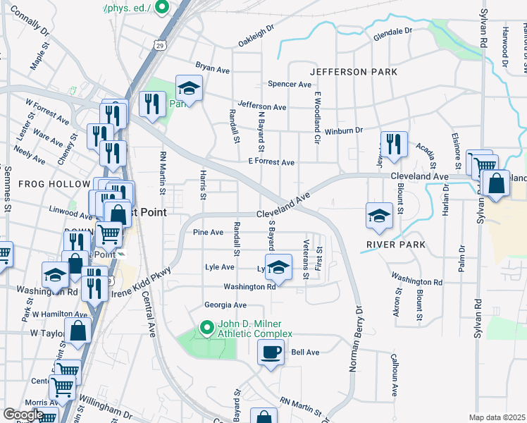 map of restaurants, bars, coffee shops, grocery stores, and more near in East Point