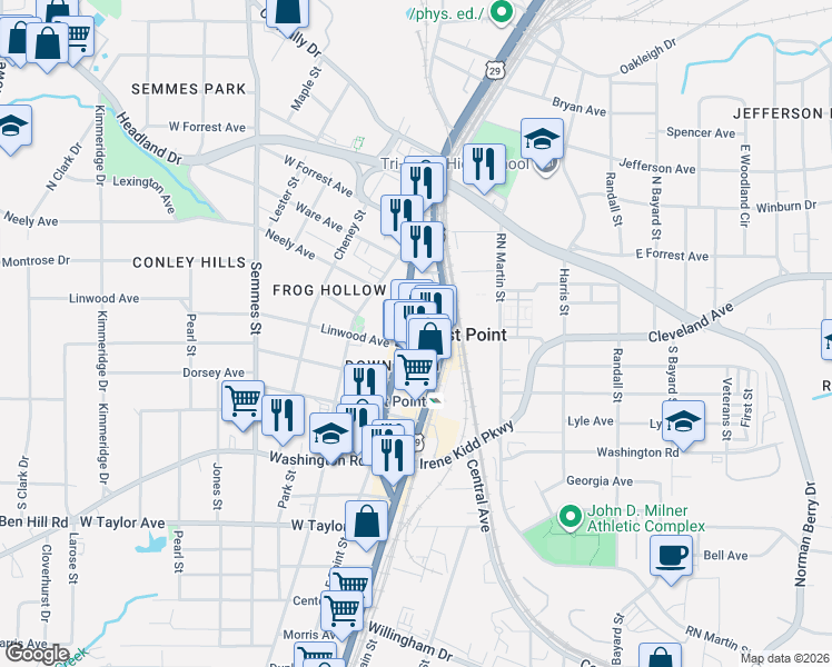 map of restaurants, bars, coffee shops, grocery stores, and more near 1596 West Cleveland Avenue in East Point