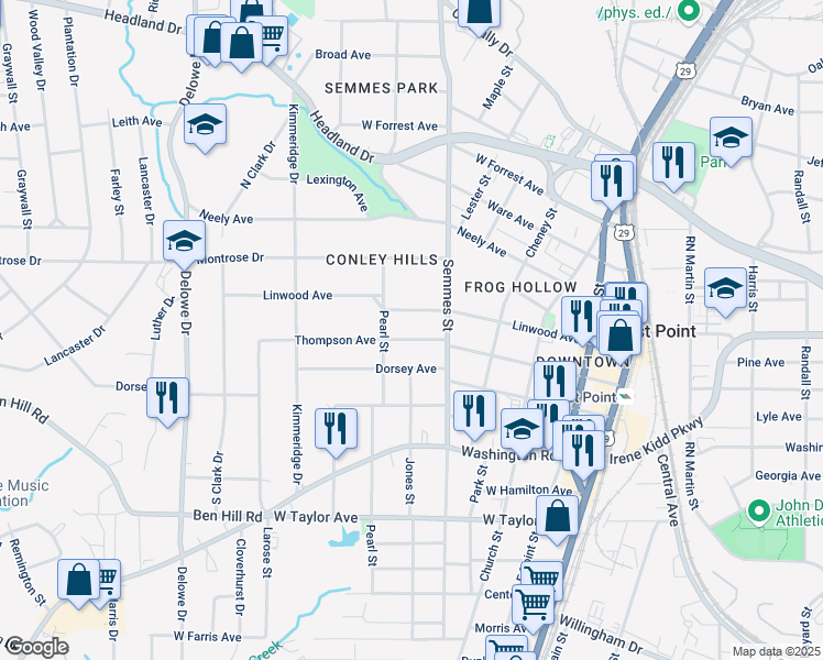 map of restaurants, bars, coffee shops, grocery stores, and more near 1841 Thompson Avenue in East Point