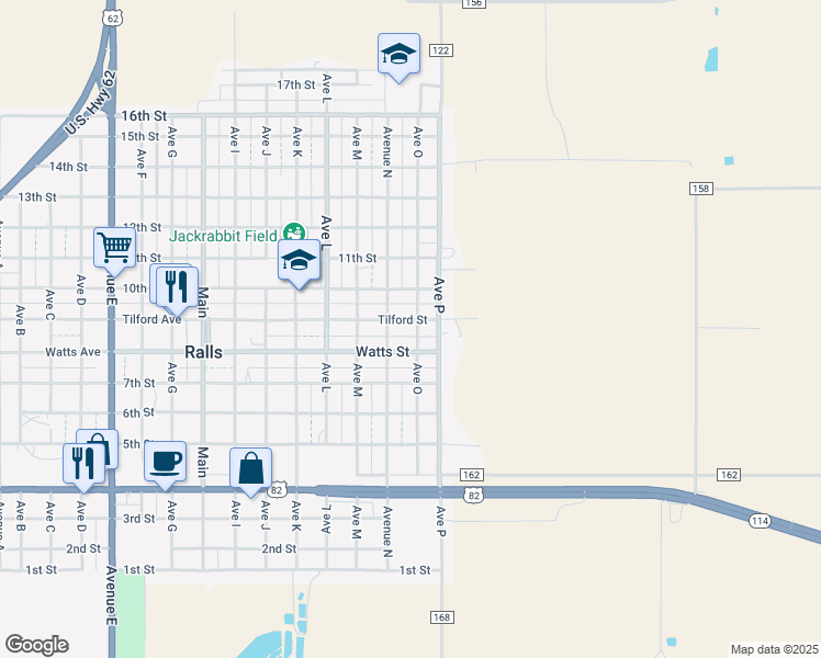 map of restaurants, bars, coffee shops, grocery stores, and more near 1402 Ave O in Ralls