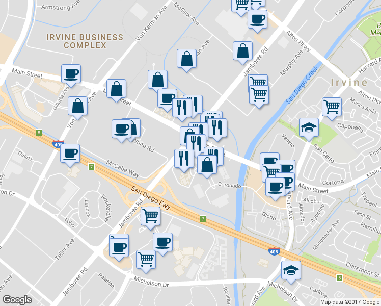 map of restaurants, bars, coffee shops, grocery stores, and more near 2020 Main Street in Irvine