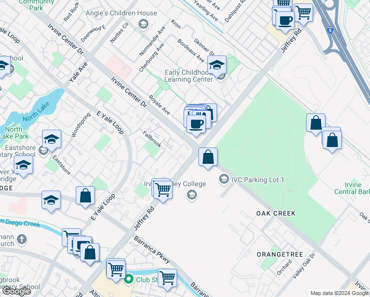 map of restaurants, bars, coffee shops, grocery stores, and more near 98 Eagle Point in Irvine
