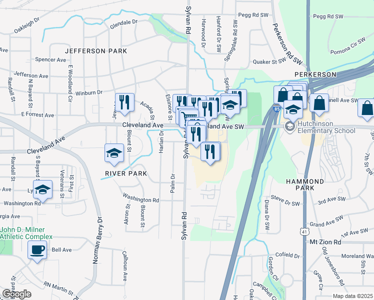 map of restaurants, bars, coffee shops, grocery stores, and more near 2758 Sylvan Road in East Point