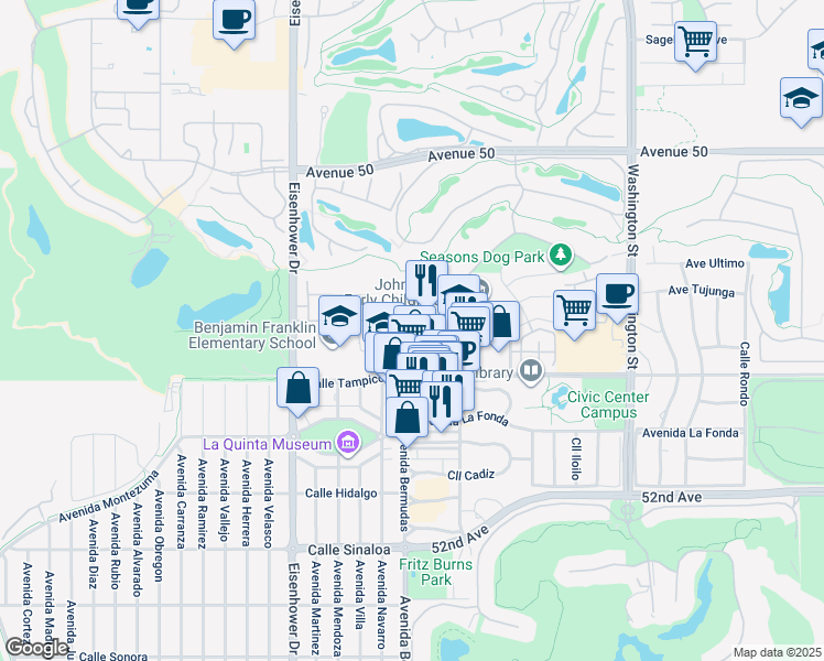 map of restaurants, bars, coffee shops, grocery stores, and more near 50680 Santa Rosa Plaza in La Quinta