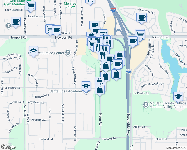 map of restaurants, bars, coffee shops, grocery stores, and more near 30397 Village Knoll Drive in Menifee