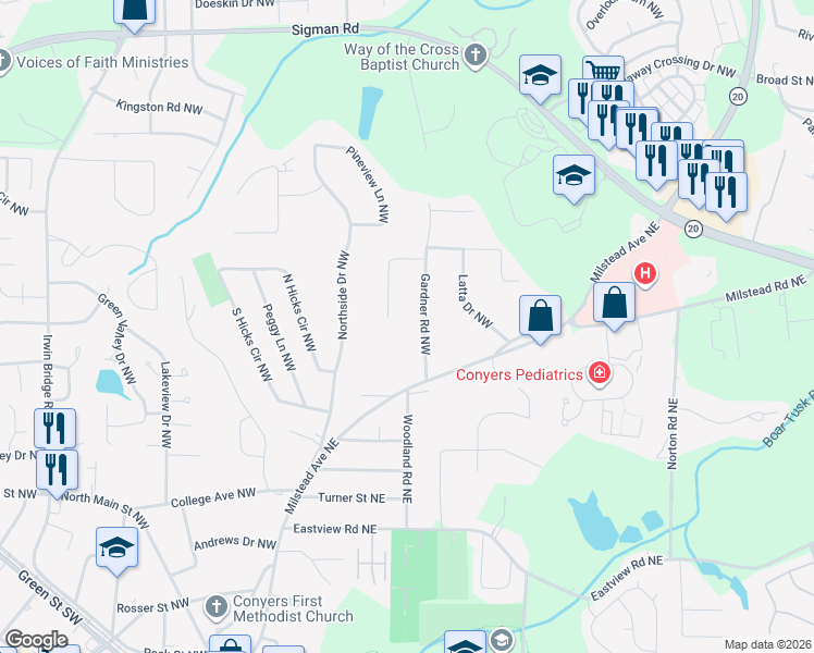 map of restaurants, bars, coffee shops, grocery stores, and more near 1362 Gardner Road Northwest in Conyers