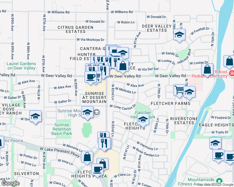 map of restaurants, bars, coffee shops, grocery stores, and more near 8226 West Salter Drive in Peoria