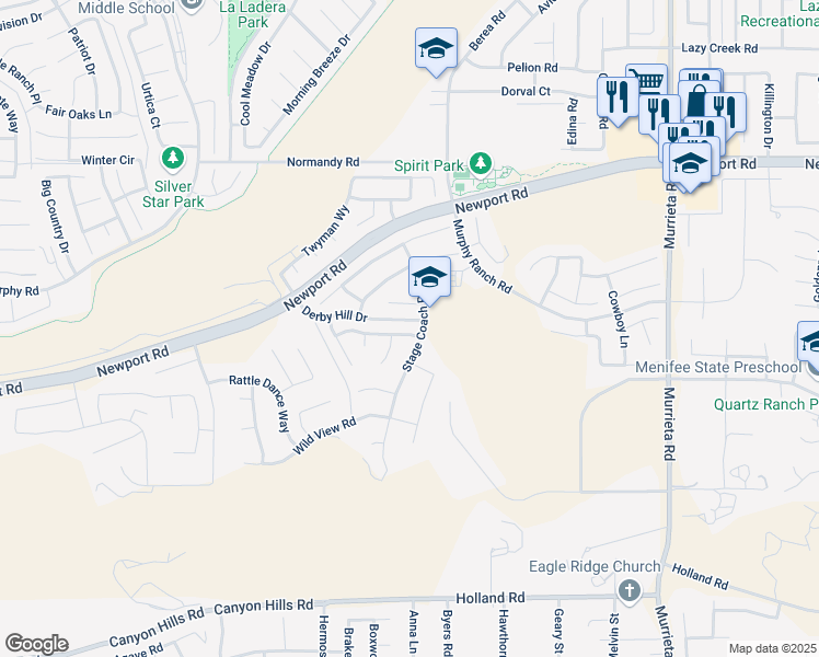 map of restaurants, bars, coffee shops, grocery stores, and more near 25540 Wagon Trail Lane in Menifee