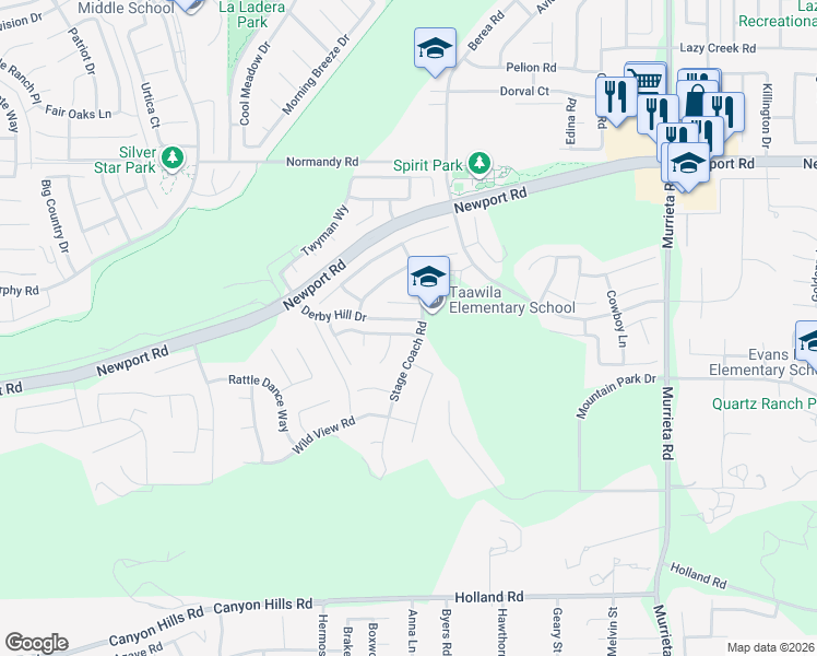 map of restaurants, bars, coffee shops, grocery stores, and more near 25540 Wagon Trail Lane in Menifee