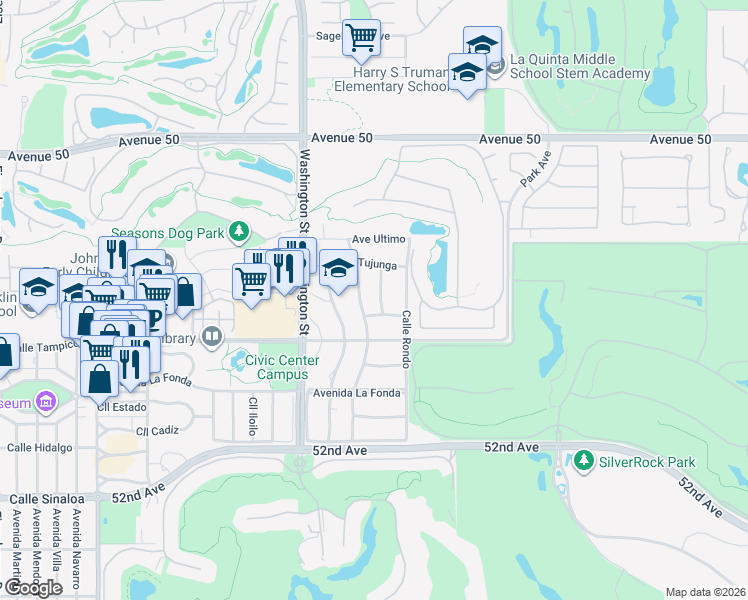 map of restaurants, bars, coffee shops, grocery stores, and more near 50805 Calle Guaymas in La Quinta