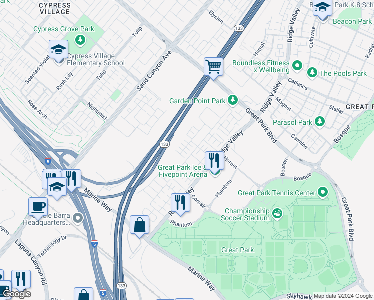 map of restaurants, bars, coffee shops, grocery stores, and more near 174 Augustine in Irvine