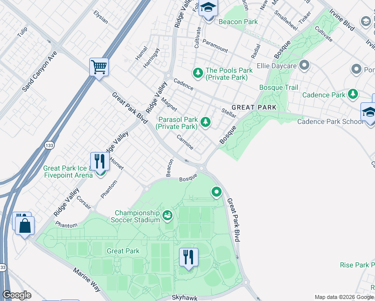 map of restaurants, bars, coffee shops, grocery stores, and more near 15310 Barranca Parkway in Irvine