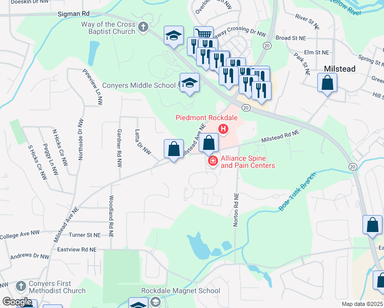 map of restaurants, bars, coffee shops, grocery stores, and more near Milstead Road in Conyers