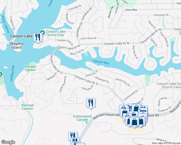 map of restaurants, bars, coffee shops, grocery stores, and more near 22676 Gray Fox Drive in Canyon Lake